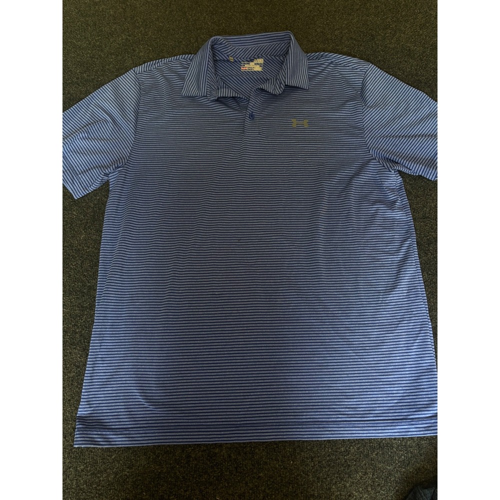 Under Armour HeatGear Mens XL Blue Striped Loose Fit Golf Polo Shirt